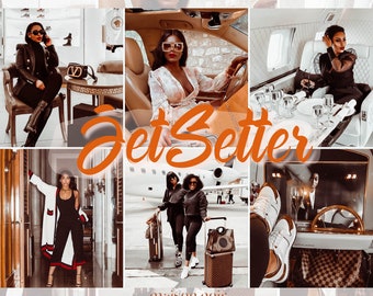 Puede incluir: Un collage de imágenes con mujeres viajando en lujos. Las imágenes muestran mujeres en aviones privados, coches y habitaciones de hotel. El texto "Jet Setter" aparece en el centro del collage.