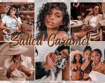 Puede incluir: Un collage con una paleta de colores cálidos en tonos marrones, con el texto "Salted Caramel". Las imágenes incluyen accesorios de moda, personas y artículos de lujo, sugiriendo un tema de estilo de vida o moda.