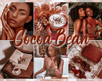 Puede incluir: Un collage de imágenes con una mujer de piel oscura, una taza de café, un libro, un par de zapatos de cuero marrón, un bolso de cuero marrón y una mujer con una blusa de estampado de leopardo. El texto "Cocoa Bean" está escrito en letras marrones en la parte superior del collage.