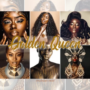 May include: A collage of images featuring Black women with gold makeup and accessories. The images are arranged in a grid pattern and the text "Golden Queen" is superimposed over the images. The text "maison noir" is at the bottom of the collage.