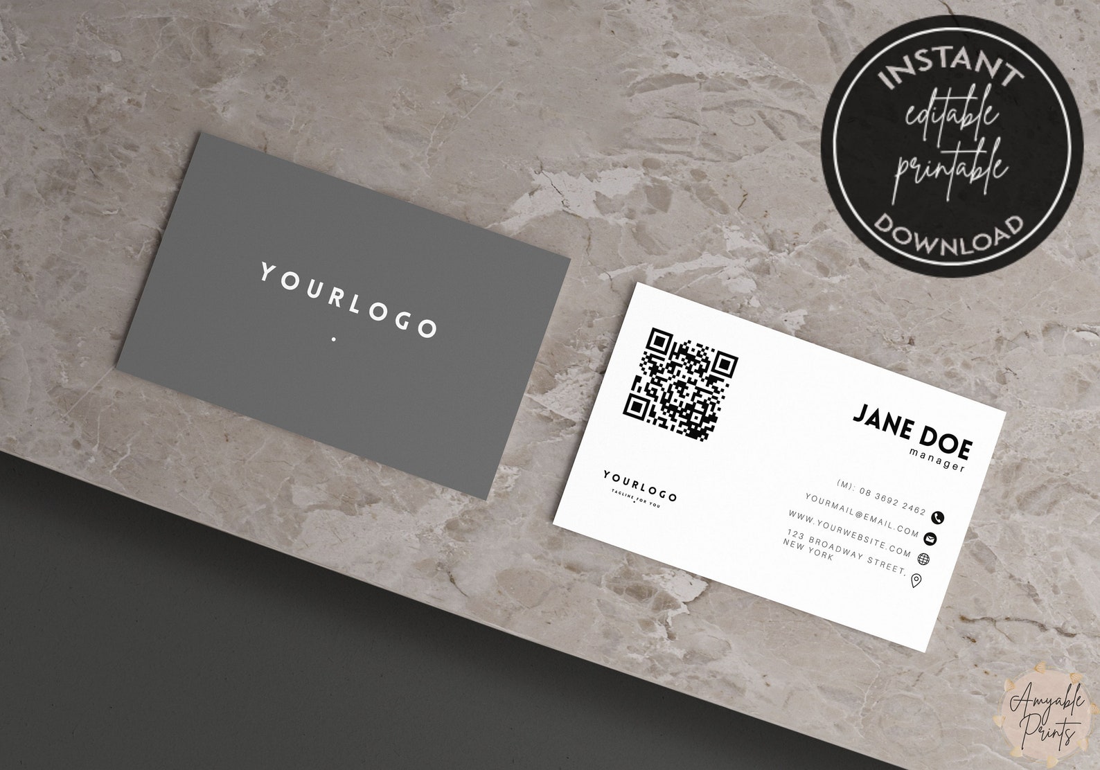 Grey Business Card Template Editable Business Card Template Etsy