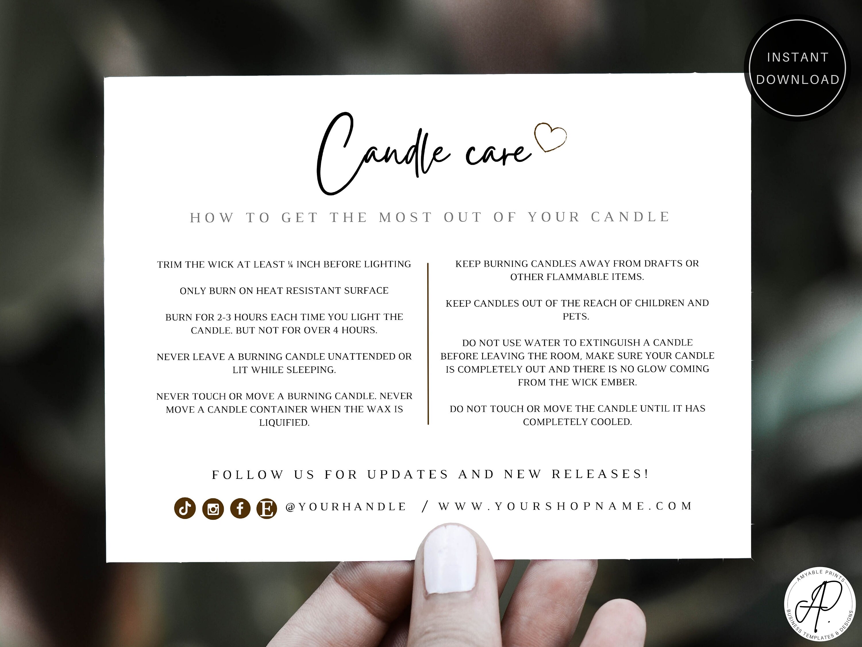 Candle Care Card Template Canva Candle insert card Candle Etsy