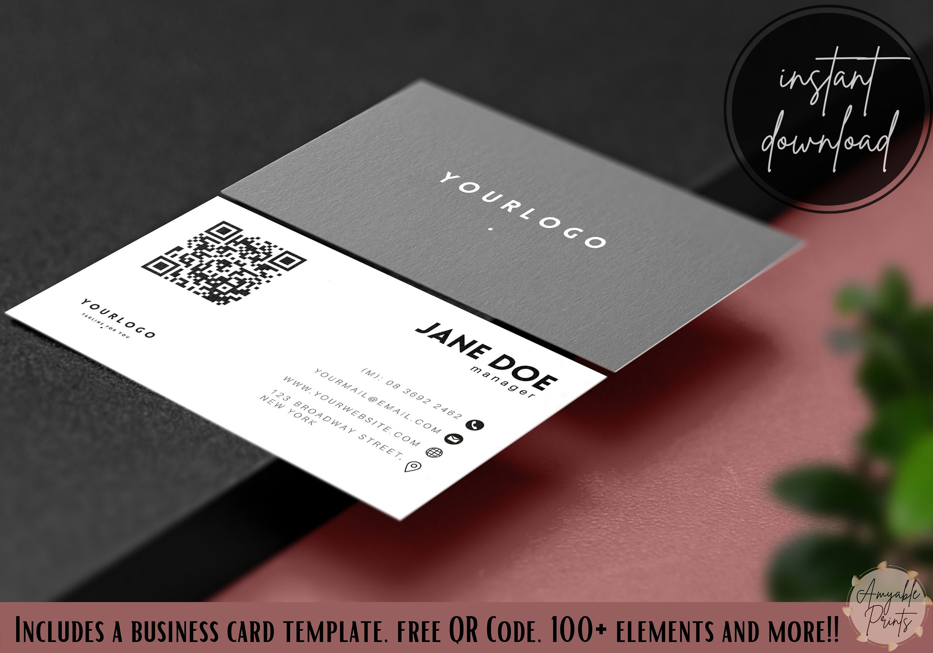 Grey Business Card Template Editable Business Card Template Etsy