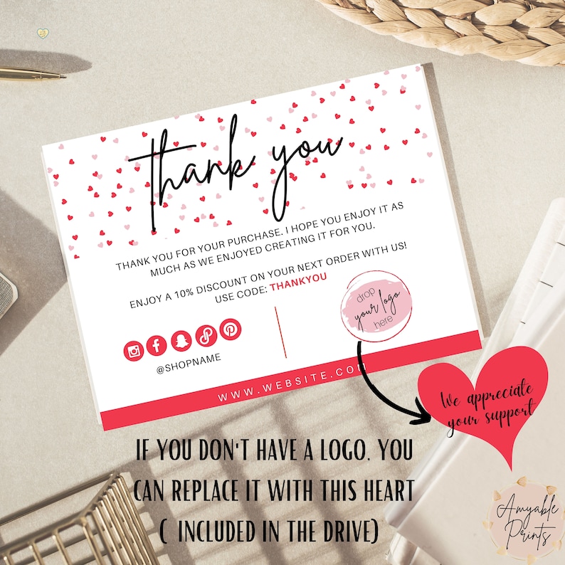 EDITABLE Red Hearts Business Thank You Card Printable for ...