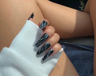 Black Marble Nails Etsy