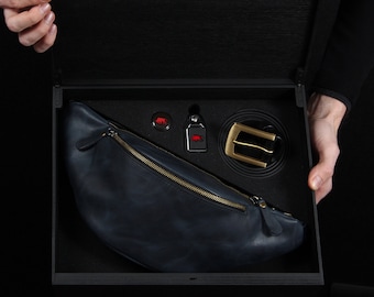 Gift for him: leather crossbody bag + belt, unique birthday gift, christmas gift box, gift idea for men, gift for brother, gift for husband