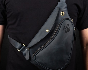 Personalized leather Indigo sling crossbody bag for mens, leather bodybag, handmade leather bag, leather sling bag, black sling bag