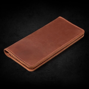 Cartera grabada a mano, cartera de cuero marrón, cartera larga hecha a mano, cartera de viaje bifold para hombres, regalo de marido, regalo de padrinos de boda