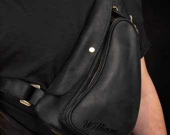 男性用カスタマイズされたレザーフィットクロスボディバッグ、本革バッグ、ハンドメイドレザースリングバッグ、ブラックレザーバムバッグ、男性向けギフトセット