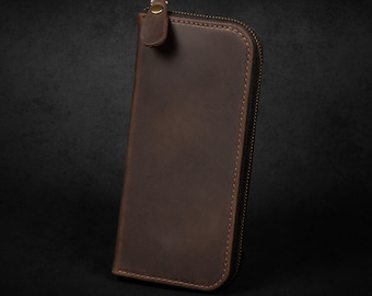 Cartera larga de cuero para hombre, cartera chequera de viaje para motociclista, cartera tarjeta de crédito con cremallera, cartera con cremallera alrededor, regalos para novio