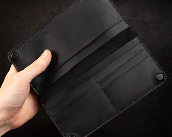 Handcrafted personalized leather wallet for men, black slim wallet, handwriting engraved pocket thin wallet, bifold credit card wallet