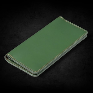 Cartera larga de cuero hecha a mano, billetera verde, billetera de tarjeta de crédito de viaje, billetera de chequera, billetera motera de embrague, regalo para papá, regalo de aniversario