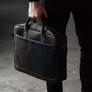 Sac en cuir noir, sac d’ordinateur en cuir, sac à bandoulière, porte-documents pour ordinateur portable, sacoche en cuir pour hommes, sac de travail en cuir - Cadeau pour lui