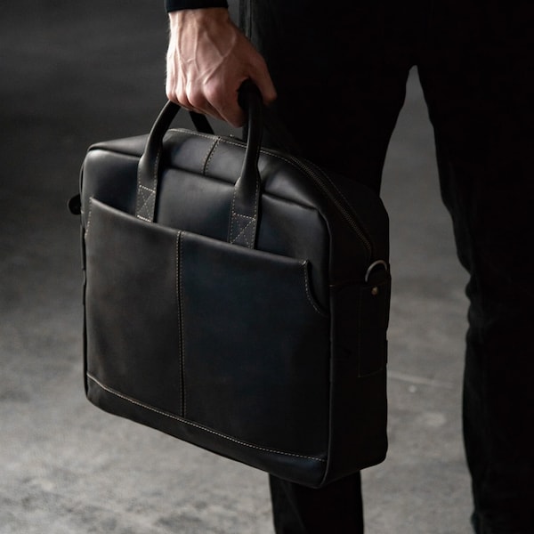 Black Leather Bag, Leather Computer Bag, Shoulder Bag, Laptop Briefcase, Leather Satchel For Men's, Leather Work Bag - Gift For Him