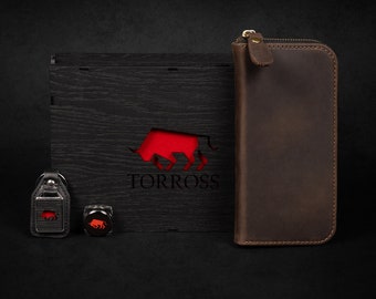 Personalized gift set: men's leather credit card wallet with keychain in wooden magic box, groom gift, Christmas gift, bachelor gift