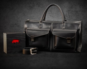 Personalised duffle bag for mens, black leather monogram bag, custom duffle bag for men, black luggage, gift for groomsmen box set