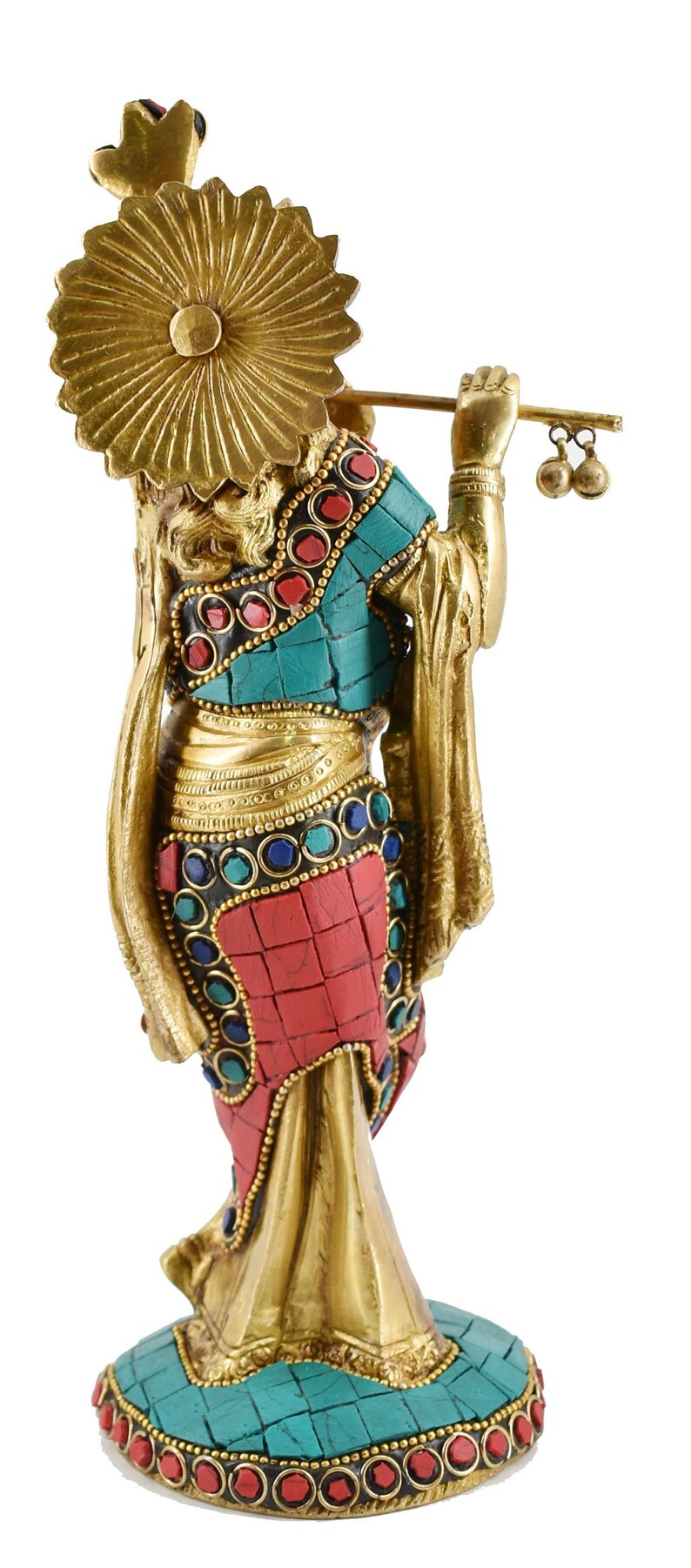 Lord Krishna Brass Bhagwan Playing Flute God Metal Murti Antique Gold