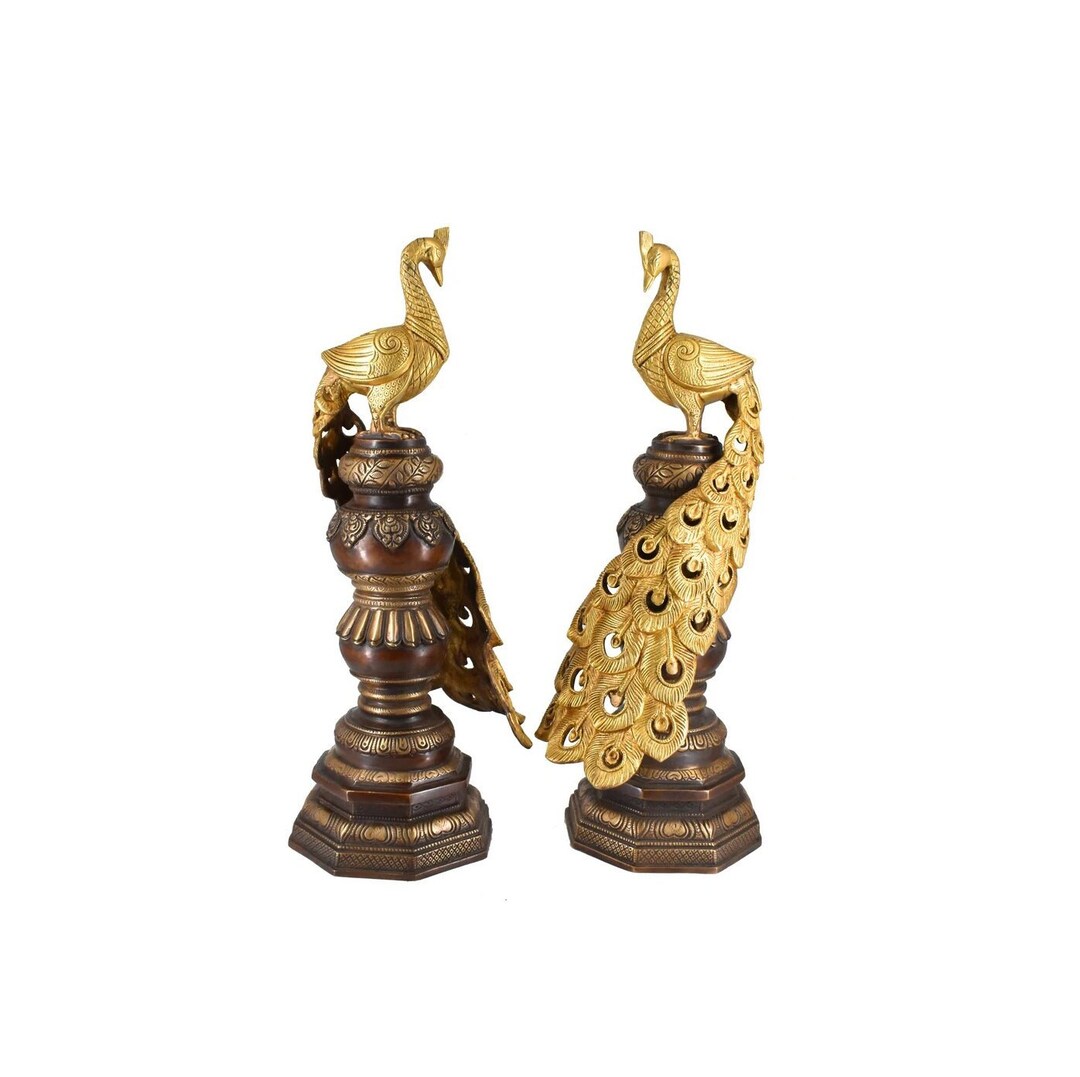 Brass Peacock Statue Figurine Sculpture for Home Office Decor Set of 2