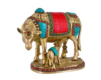 Brass Kamdhenu Cow and Calf Idol Showpiece for Home Decor and Decorative Gift