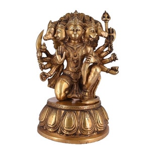 Large Unique Five Face Panchmukhi Hanuman Brass Statue Inlay Gemstone Hand Work Big Hindu God Lord Idol Figure