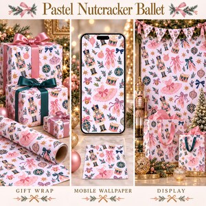 Puede incluir: Una colección de papel de regalo, un fondo de pantalla móvil y artículos de exhibición con un patrón repetitivo de cascanueces, zapatillas de ballet, tutús, tambores y adornos en rosa pastel, azul y oro con el texto Pastel Nutcracker Ballet.