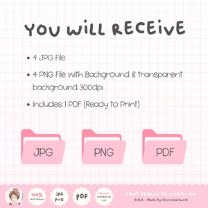 K&ouml;nnte beinhalten: Ein digitales Dateiset mit dem Text YOU WILL RECEIVE, 4 JPG File, 4 PNG File with Background & transparent background 300dpi und Includes 1 PDF (Ready to Print). Drei rosa Ordnersymbole mit der Beschriftung JPG, PNG und PDF.