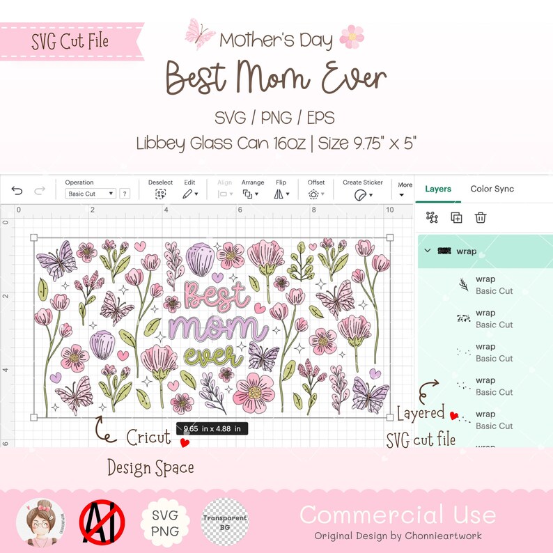 Puede incluir: Un dise&ntilde;o digital para un archivo de corte SVG en capas con el texto "Best Mom Ever" en letras rosa, morado y verde con mariposas y flores. El dise&ntilde;o mide 9,75 pulgadas por 5 pulgadas y es adecuado para una lata de vidrio Libbey de 16 onzas.