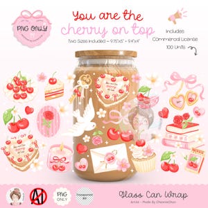 Könnte beinhalten: Digitale Illustration eines Glasdosen-Wraps mit Kirschmotiv. Das Design umfasst Kirschen, Herzen, einen Kuchen und den Text "You are the cherry on top". Das Bild enthält auch den Text "PNG ONLY" und "Transparent BG".