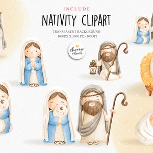 Puede incluir: Conjunto de clipart de acuarela de una escena de la natividad con Mar&iacute;a, Jos&eacute;, el beb&eacute; Jes&uacute;s y un pesebre. Los personajes est&aacute;n ilustrados en un estilo lindo y de dibujos animados con colores suaves.
