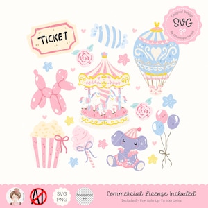 Pastel Carousel Clipart Set, Summer Grily Carnival PNG, Cute Circus Animal, Pastel Birthday Invitation,Cute Nursery Art, Baby Shower Clipart