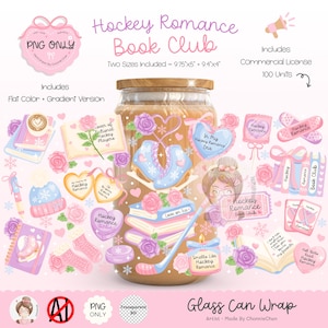 May include: A digital illustration featuring a glass can wrap design with the text "Hockey Romance Book Club." The design includes ice skates, roses, books, and hearts in shades of pink, blue, and purple. The wrap is available in two sizes: 9.75" x 5" and 9.4" x 4".