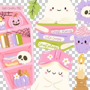 May include: A whimsical illustration featuring a pink bookshelf, smiling ghosts, and Halloween-themed elements. The image includes a pumpkin, skull, books with titles like "Ghost Stories" and "Cute Curses", a cupcake, and a candle.