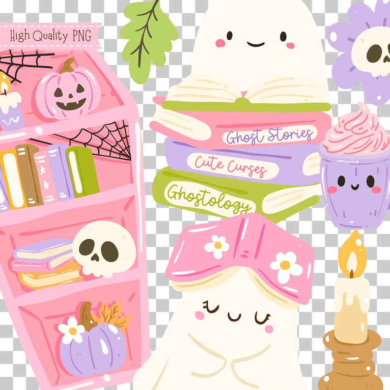 May include: A whimsical illustration featuring a pink bookshelf, smiling ghosts, and Halloween-themed elements. The image includes a pumpkin, skull, books with titles like "Ghost Stories" and "Cute Curses", a cupcake, and a candle.