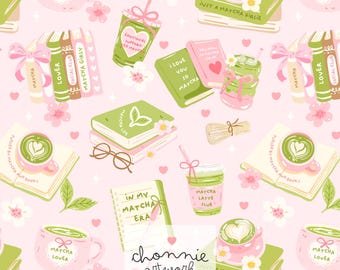 Puede incluir: Patrón sin costuras con ilustraciones temáticas de matcha sobre un fondo rosa. El diseño incluye lattes de matcha, libros, tazas y acentos florales. El texto incluye "Matcha Lover", "Matcha Girly" e "In My Matcha Era".
