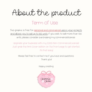 Peut inclure: Fond blanc avec le texte "About the product" &eacute;crit &agrave; la main. Le texte d&eacute;crit les conditions d'utilisation des graphiques, y compris l'utilisation personnelle et commerciale, et une licence commerciale. Un logo rose en forme de c&oelig;ur avec le texte "Chonnie Chan" est en bas.