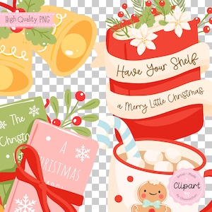 May include: Christmas-themed digital clipart featuring festive elements. Includes golden bells, a red mug with the text "Have Your Shelf a Merry Little Christmas", and a mug with a gingerbread man. Also, there are two gift boxes with red bows and text.