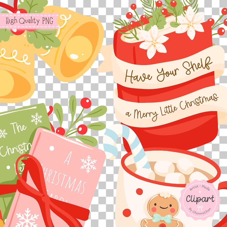 May include: Christmas-themed digital clipart featuring festive elements. Includes golden bells, a red mug with the text "Have Your Shelf a Merry Little Christmas", and a mug with a gingerbread man. Also, there are two gift boxes with red bows and text.