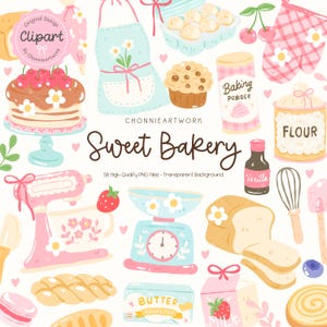 May include: A digital illustration featuring baking-themed elements. Includes a cake, cupcakes, flour, butter, milk, and a mixer. The text "Sweet Bakery" is displayed prominently. Other items include an apron, cherries, and a scale. The image has a transparent background.