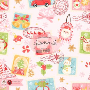 May include: A Christmas-themed seamless pattern with festive illustrations. The design includes Santa Claus, snowmen, Christmas bells, ornaments, snowflakes, and a red car. The color palette is soft, with pink, red, green, and blue elements, creating a cheerful holiday vibe.