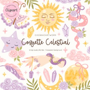 Puede incluir: Un conjunto de imágenes prediseñadas digitales titulado "Coquette Celestial" con ilustraciones celestiales y caprichosas. El diseño incluye un sol, una luna, estrellas, cristales, una serpiente y elementos florales en colores pastel.