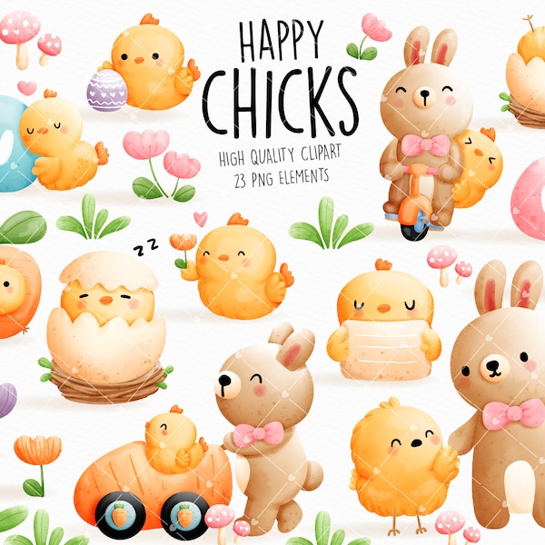 Baby Chicken Clipart, Easter Chicken Clipart, Rabbit Clipart, Easter Clipart, Easter Eggs Clipart.