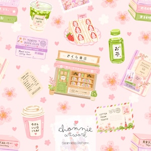 May include: A seamless pattern on a light pink background featuring illustrations of a bookstore, matcha lattes, strawberry sandwiches, green tea bottles, reading journals, library cards, receipts, and letters from Tokyo, all accented with cherry blossoms.