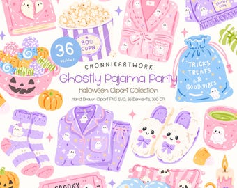 Halloween Pajama Party Clipart PNG, Cute Ghost Sleepover Clipart, Cozy Halloween Pajamas, Movie Night, Halloween Cute Stickers
