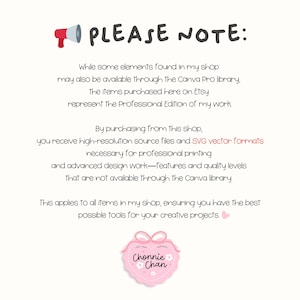 May include: A white background with black text that reads "PLEASE NOTE:" followed by a detailed description of the shop's offerings. A pink heart-shaped logo with the text "Chonnie Chan" is at the bottom.