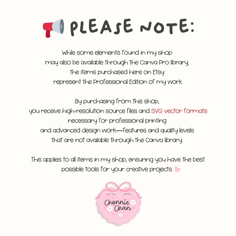 May include: A white background with black text that reads "PLEASE NOTE:" followed by a detailed description of the shop's offerings. A pink heart-shaped logo with the text "Chonnie Chan" is at the bottom.