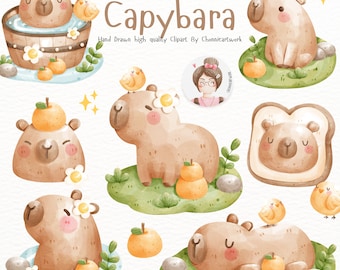 Watercolor Capybara Clipart, Cute Capybara PNG, Cute Capybaras, Pups, Rodent Species, Kids clipart with Capybaras, PNG.