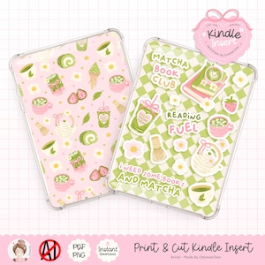May include: Two Kindle inserts with matcha-themed designs. One has a pink background with matcha drinks, strawberries, and flowers. The other features a green and white checkered pattern with matcha stickers and the text "Matcha Book Club" and "Reading Fuel".
