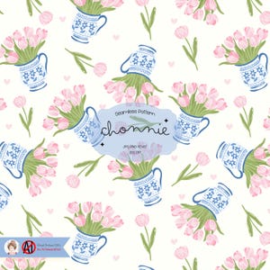 Chinoiserie Vase Tulpe Nahtloses Muster PNG JPG | Rosa Blumen Frühlingspapier | Blaue und weiße Tonwaren Vintage Ästhetische Cliparts