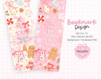 Könnte beinhalten: Zwei Lesezeichen zum Thema Weihnachten. Eines ist hellrosa mit dem Text „All I want for Christmas is books“. Das andere ist cremefarben. Beide zeigen Lebkuchenmänner, Schneeflocken und Zuckerstangen-Designs. Jedes Lesezeichen ist 17.78 cm hoch und 6.35 cm breit.