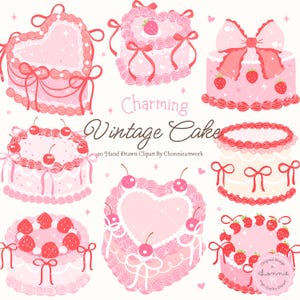 Vintage Heart Cake Clipart Set, Retro Valentine Cake, Coquette Aesthetic Cake, Wedding Cake,  Birthday Cake, Cake Lover, Vintage Cake Design